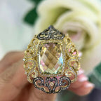 18Kt Yellow Gold Ring with a 10.76ct  cushion cut Green Amethyst & 2.23ct total in rd cut Diamonds CDR002 IGIT (etsy image id: 5964671165)