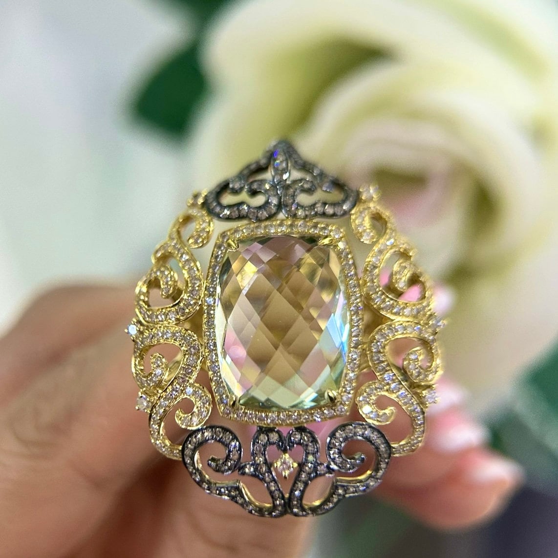 18Kt Yellow Gold Ring with a 10.76ct  cushion cut Green Amethyst & 2.23ct total in rd cut Diamonds CDR002 IGIT (etsy image id: 5964671165)
