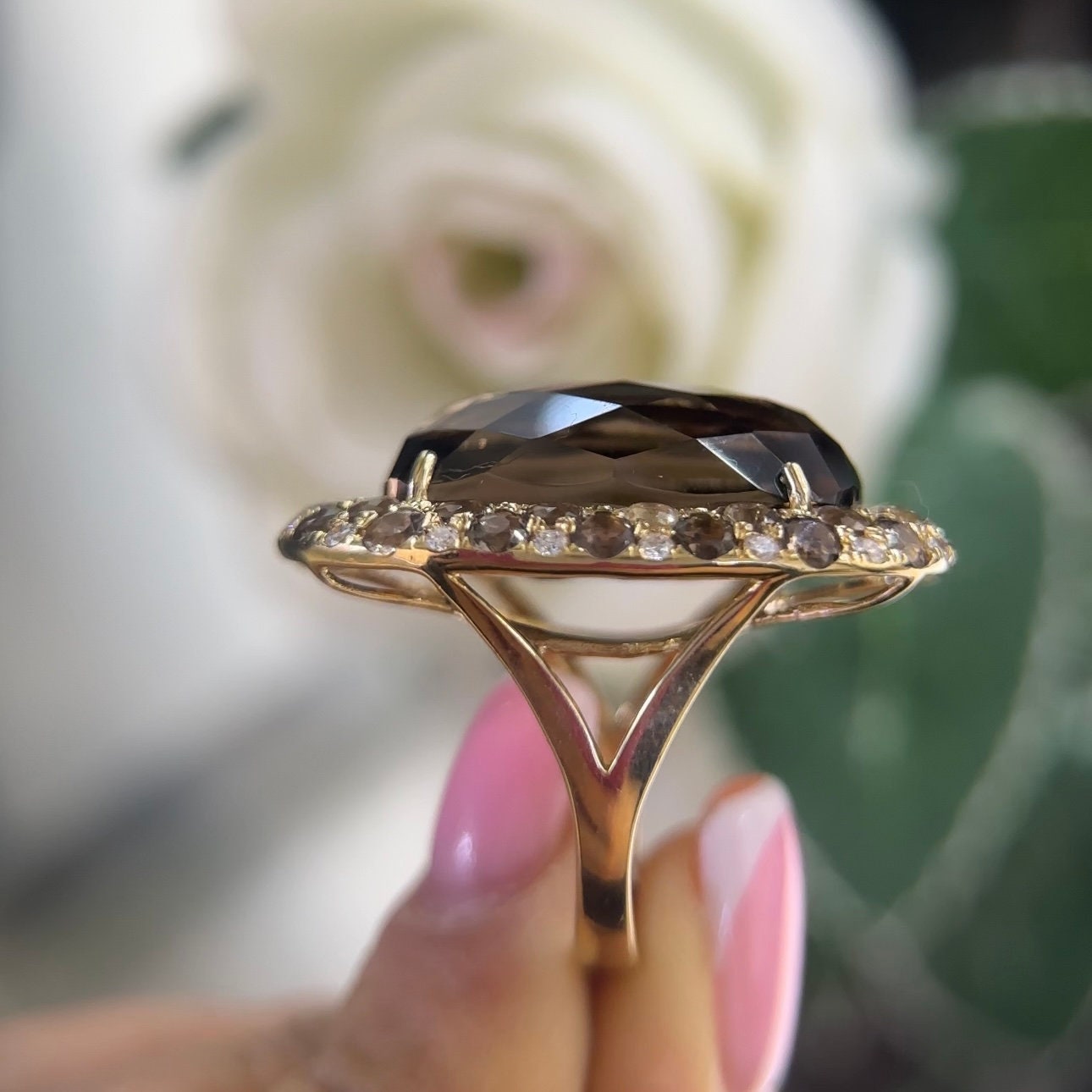 14Kt Yellow Gold Smoky Topaz Gemstone Ring 31.73ct cushion cut. Surrounded by smoky topaz 0.46ct total and round cut diamonds and 3.66ct (etsy image id: 5964676165)