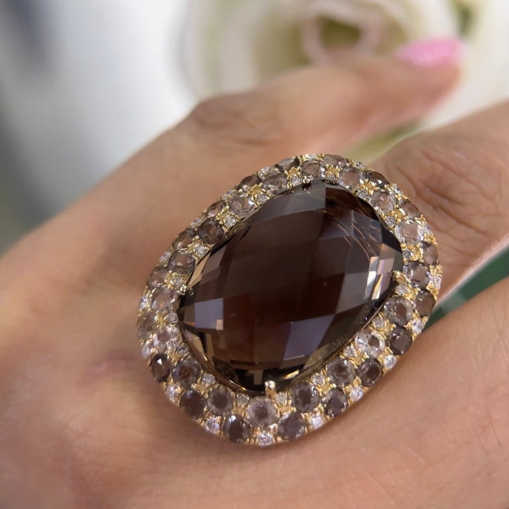 14Kt Yellow Gold Smoky Topaz Gemstone Ring 31.73ct cushion cut. Surrounded by smoky topaz 0.46ct total and round cut diamonds and 3.66ct (etsy image id: 5964676169)