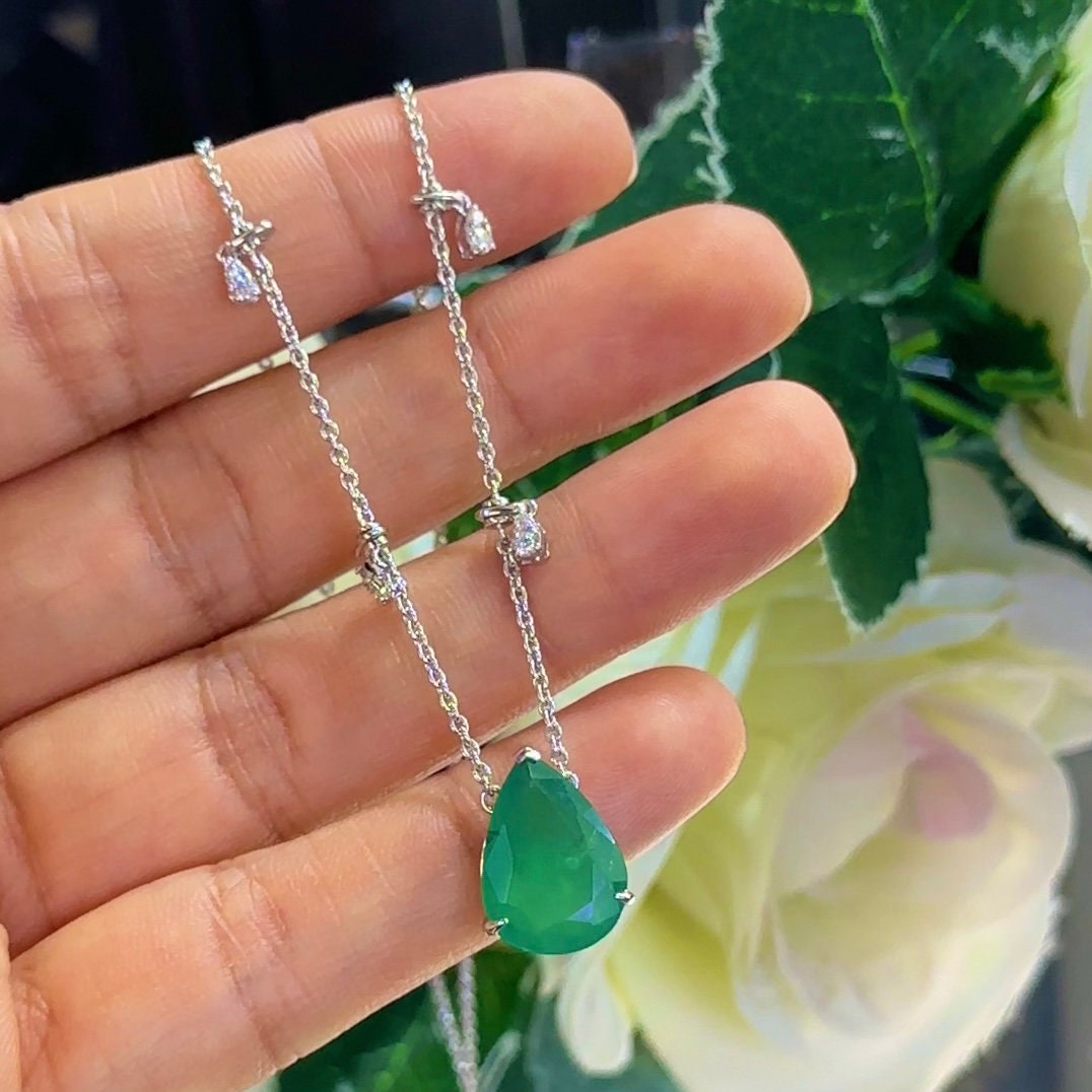 Pear Shape Natural Emerald Pendent with Natural Diamond Necklace (etsy image id: 5999426729)