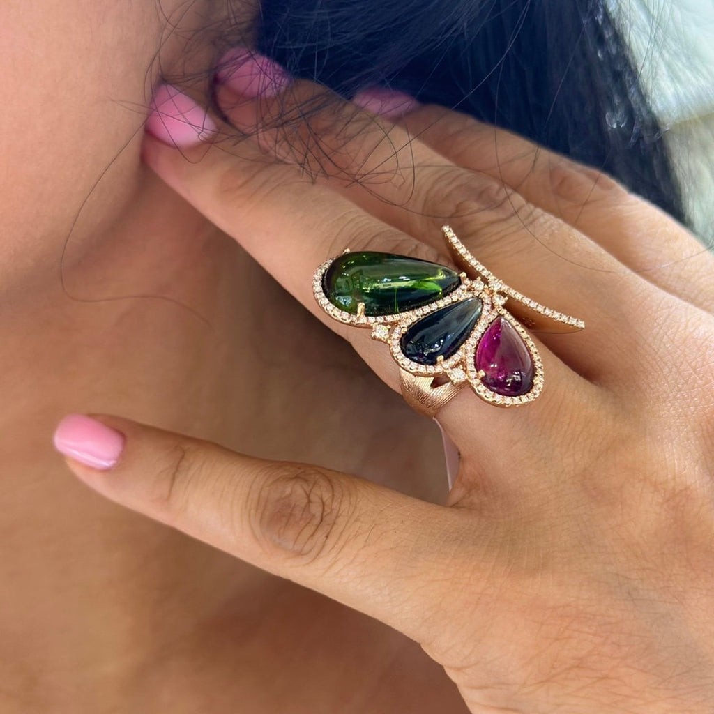 18Kt Rose Gold Diamond Tourmaline Ring, with 0.74ct in Diamonds and 14.88ct in tourmalines.  COLR0047 G,AJJ (etsy image id: 6077763352)