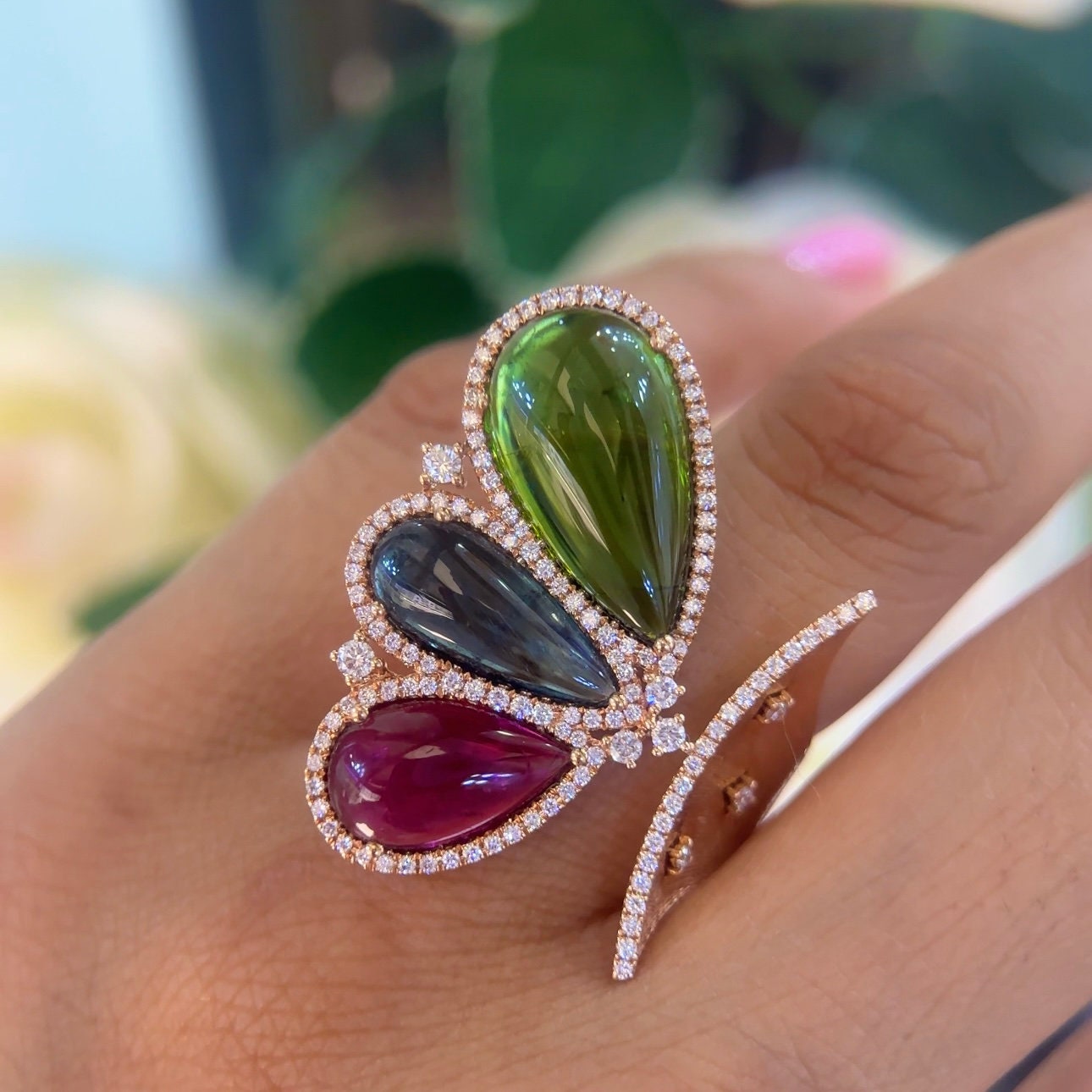 18Kt Rose Gold Diamond Tourmaline Ring, with 0.74ct in Diamonds and 14.88ct in tourmalines.  COLR0047 G,AJJ (etsy image id: 6077763354)