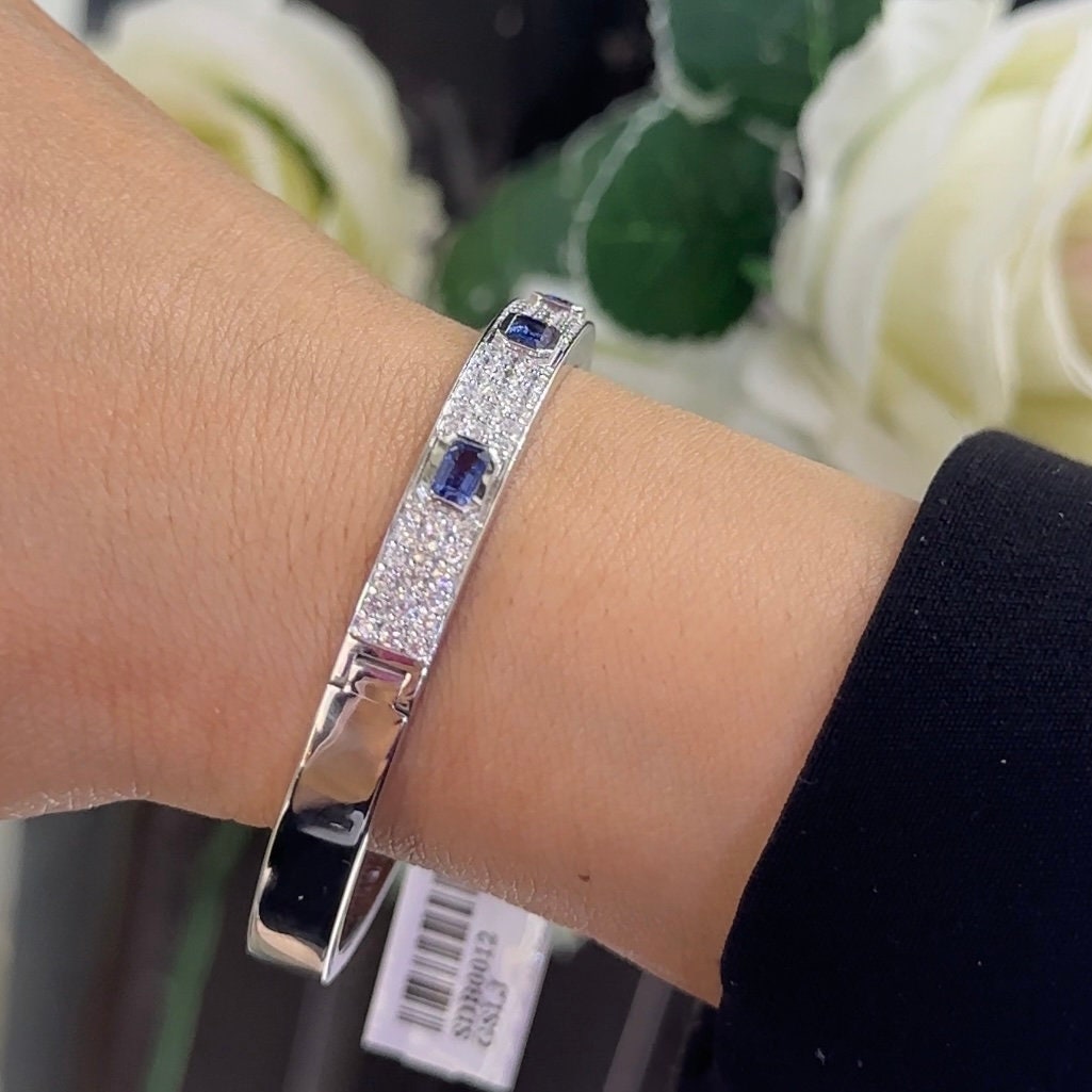 18Kt White Gold Diamonds Sapphire Bangel Bracelet 1.63ct rd cut diamonds, G color Vs2 & 1.72ct emerald cut sapphire. SDB0012 GSLJ (etsy image id: 6077786186)