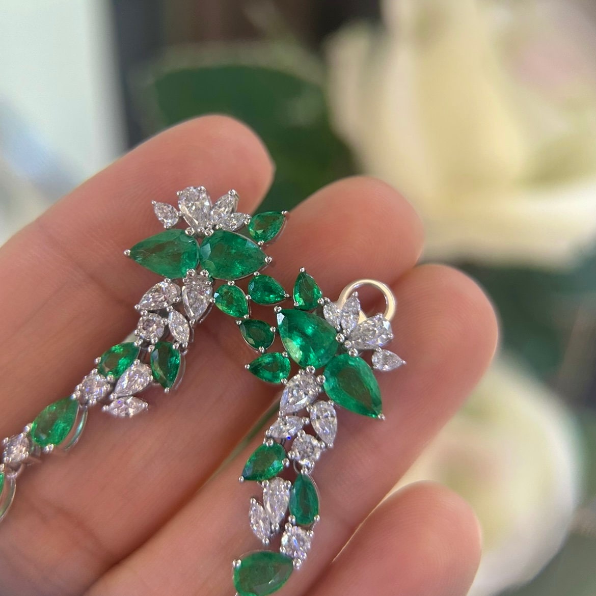 18Kt White Gold Earrings Emerald and Diamonds ,5.90ct in Emeralds pear shape cut  & 1.57ct Natural Diamonds marquise cut . COLER019 A,JJJ (etsy image id: 6080612452)