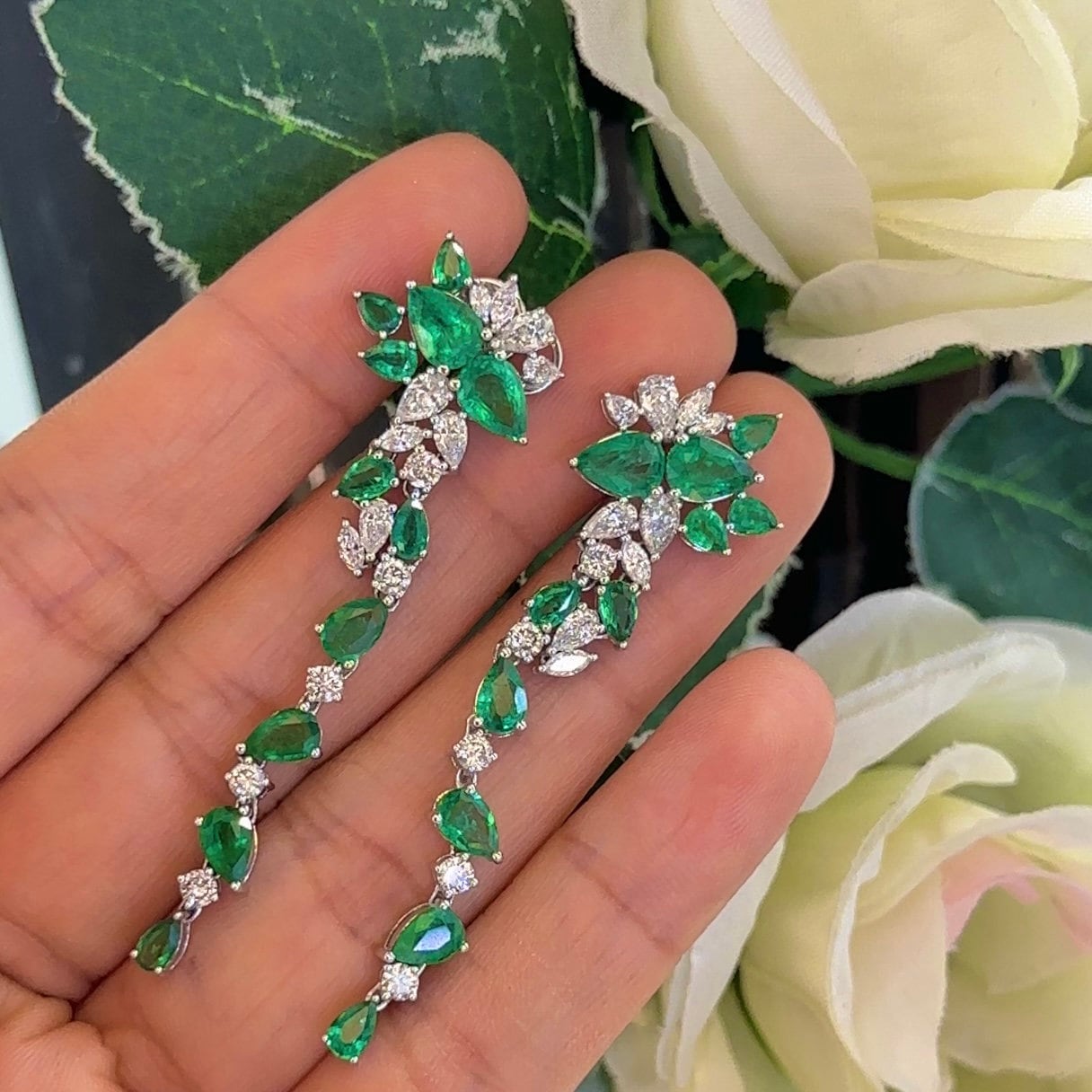 18Kt White Gold Earrings Emerald and Diamonds ,5.90ct in Emeralds pear shape cut  & 1.57ct Natural Diamonds marquise cut . COLER019 A,JJJ (etsy image id: 6080612466)