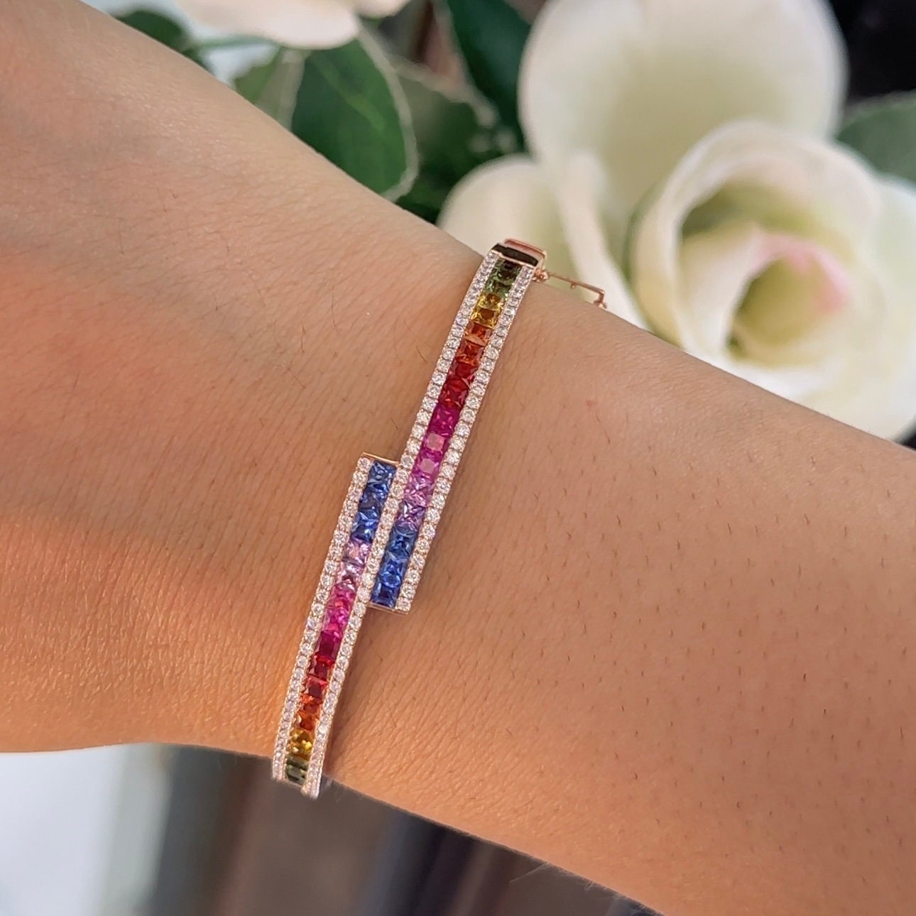 Rose Gold Colored Princess Cut Sapphire and Round Cut Diamond Bypass Bangle (etsy image id: 6111871252)