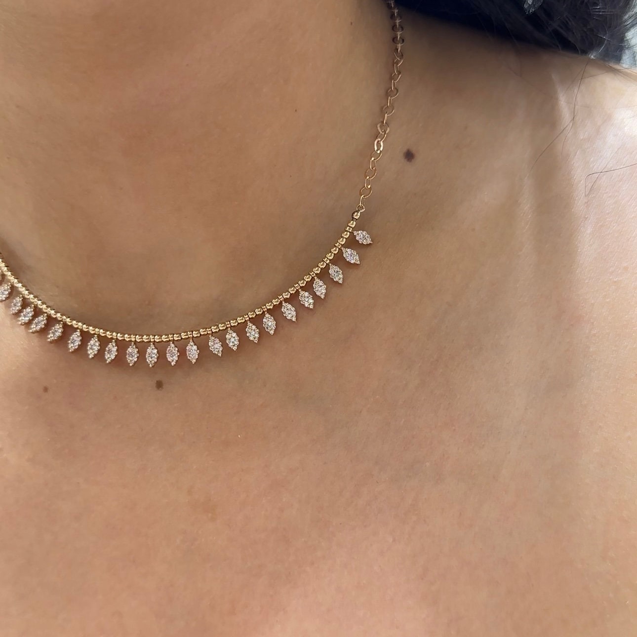 Rose Gold Chain with Beaded Smile Shape Bar with Marquise Shape Diamond Charms (etsy image id: 6111959136)