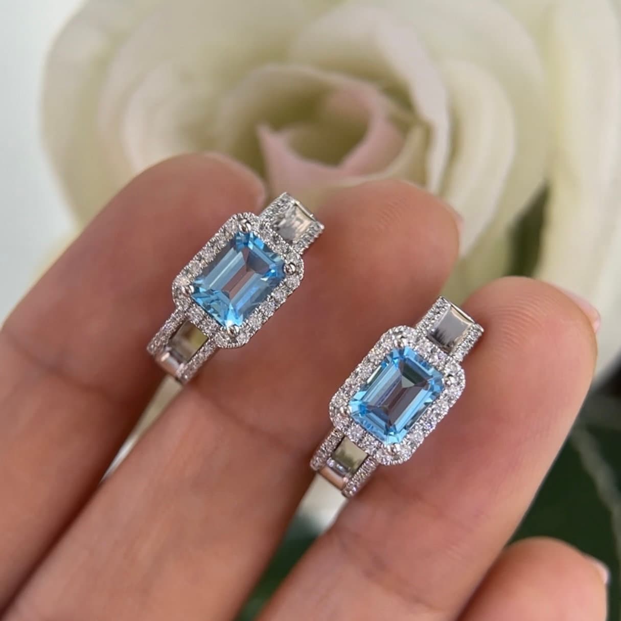 White Gold Blue Topaz and Diamond Huggie Hoop Earring (etsy image id: 6112861336)