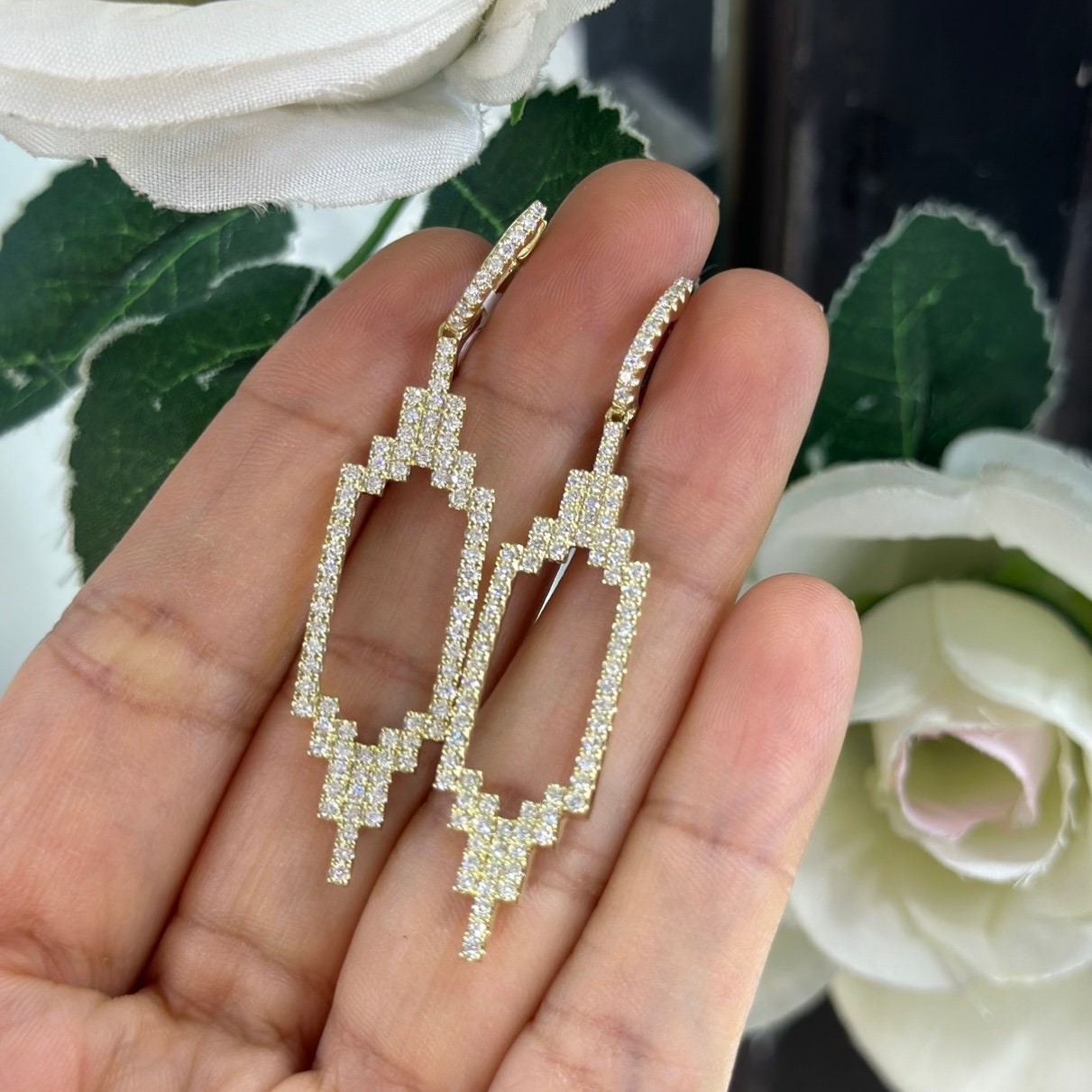 Yellow Gold Art Deco Style Drop Earrings with Diamonds (etsy image id: 6112879654)