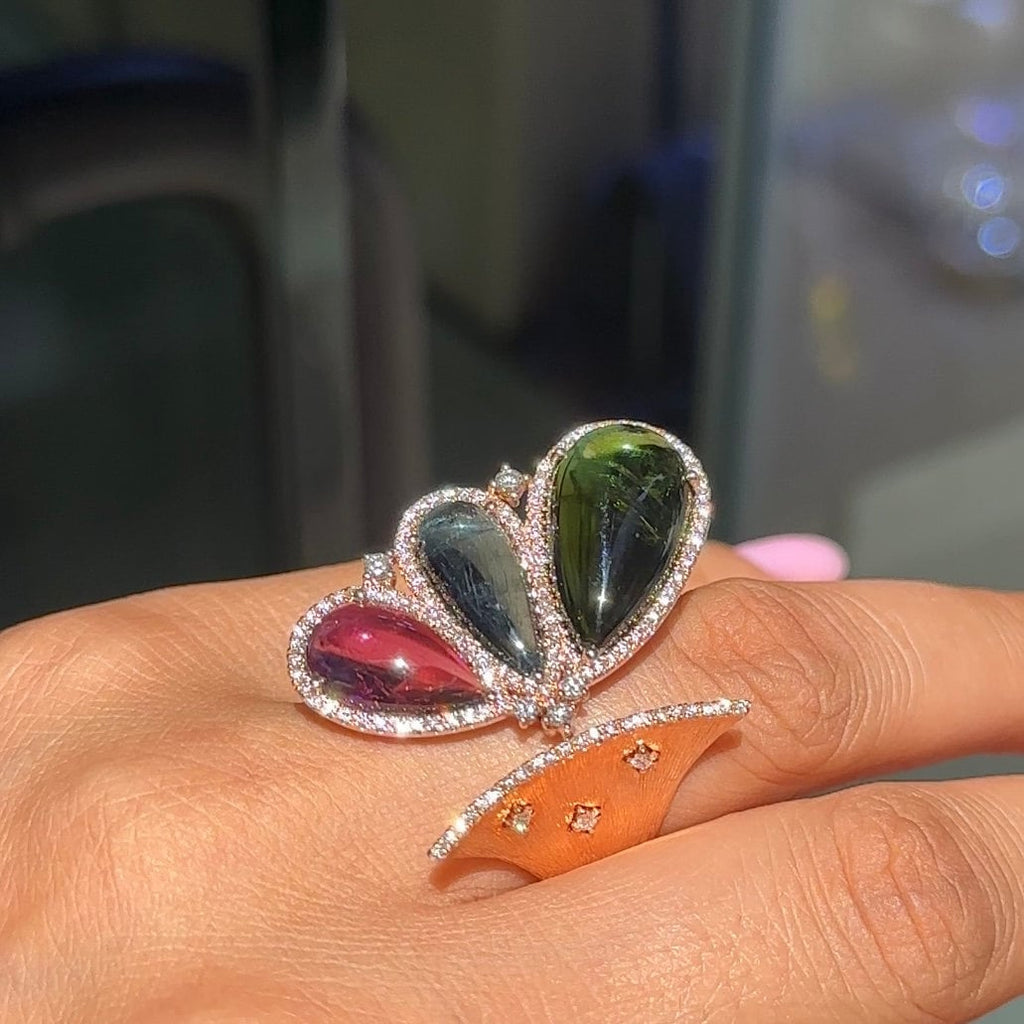 18Kt Rose Gold Diamond Tourmaline Ring, with 0.74ct in Diamonds and 14.88ct in tourmalines.  COLR0047 G,AJJ (etsy image id: 6125826455)