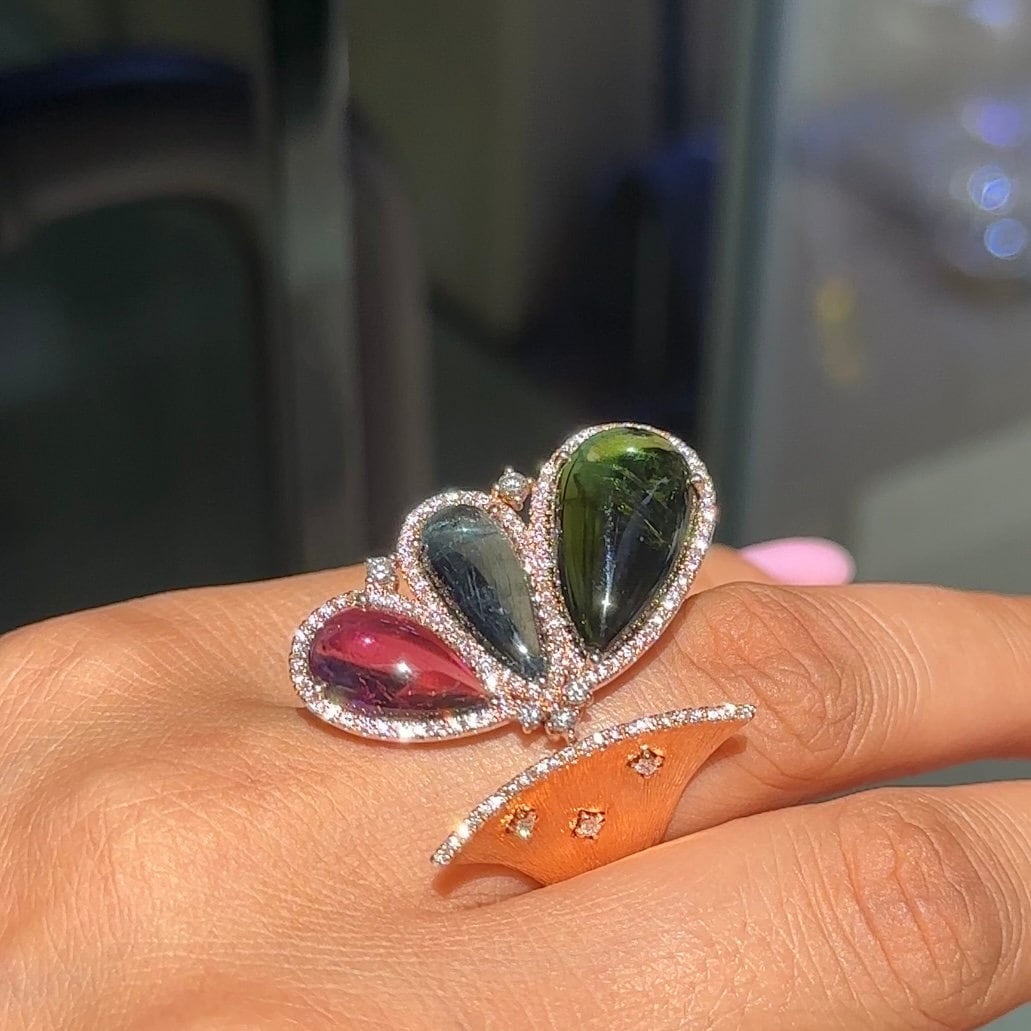 18Kt Rose Gold Diamond Tourmaline Ring, with 0.74ct in Diamonds and 14.88ct in tourmalines.  COLR0047 G,AJJ (etsy image id: 6125826455)