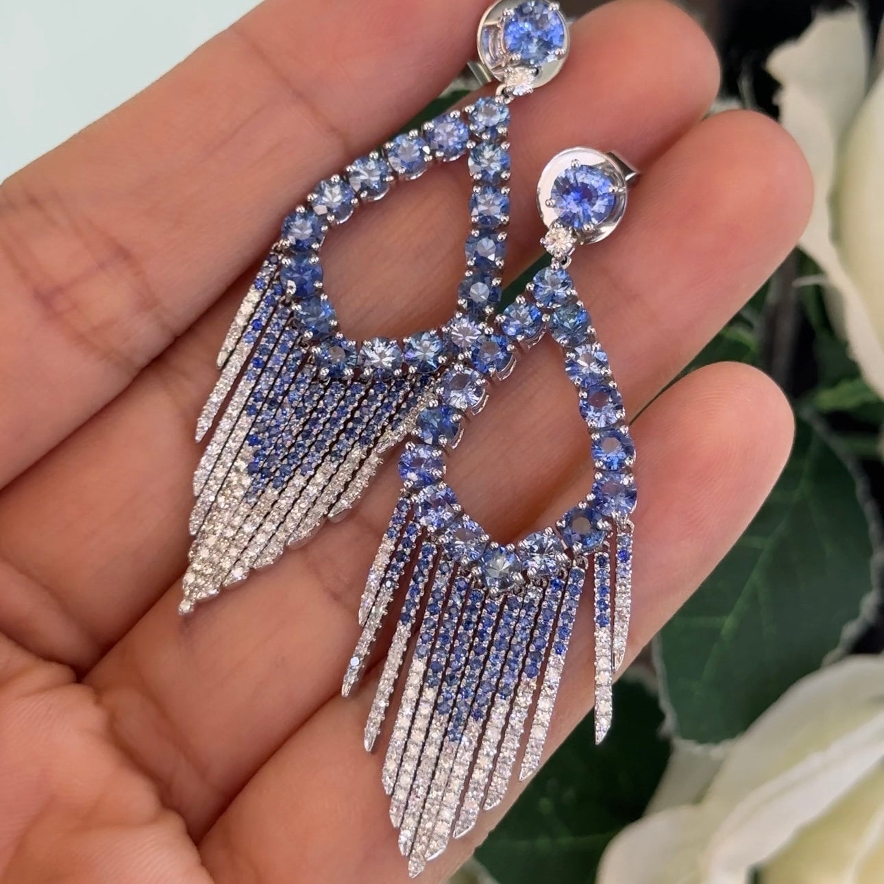 18Kt White Gold Sapphire Earrings with 8.44ct in Sapphires , 1.15ct in Diamonds . G-H color, VS2-SI clarity.  SDER036 G,IJJ (etsy image id: 6128622631)