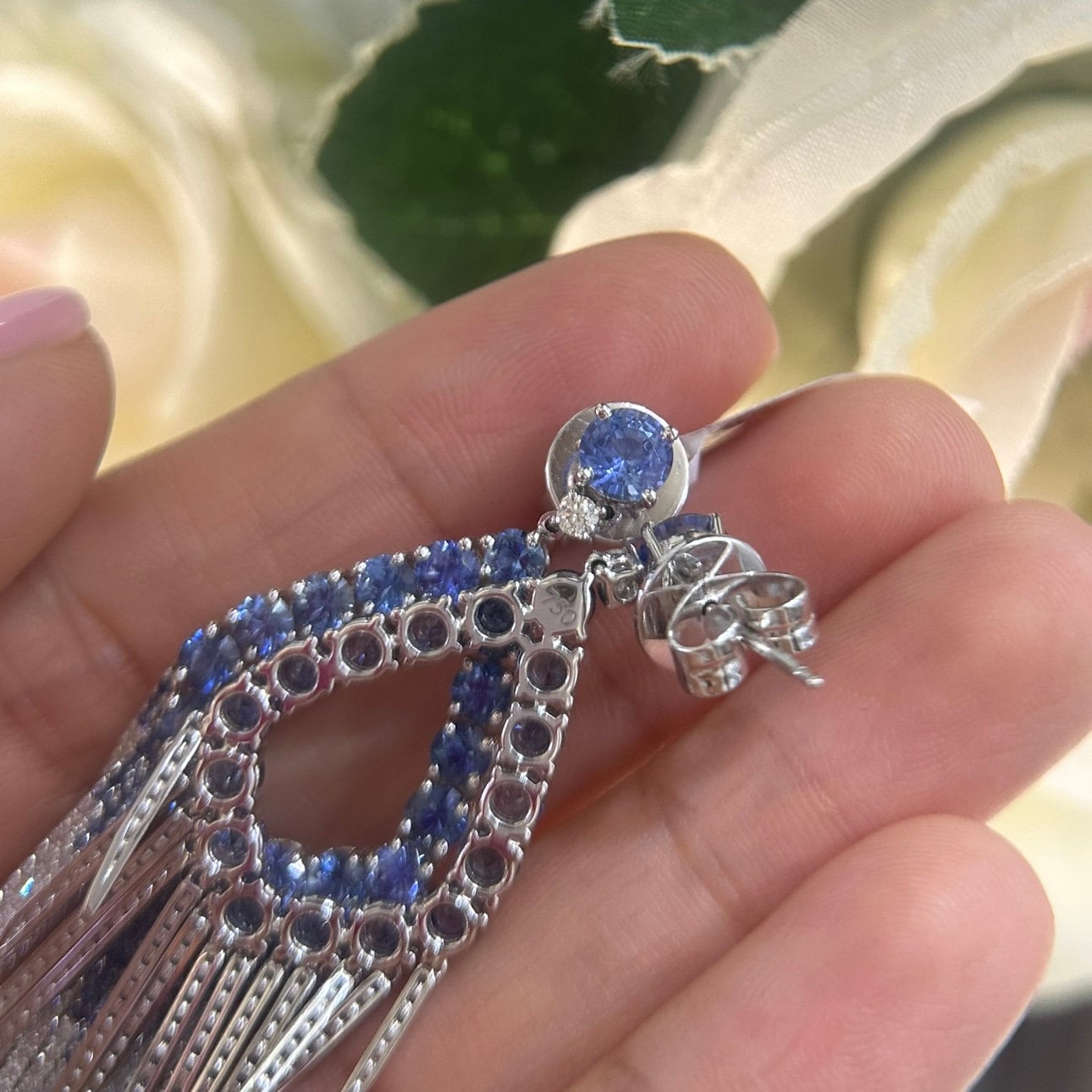 18Kt White Gold Sapphire Earrings with 8.44ct in Sapphires , 1.15ct in Diamonds . G-H color, VS2-SI clarity.  SDER036 G,IJJ (etsy image id: 6128622637)
