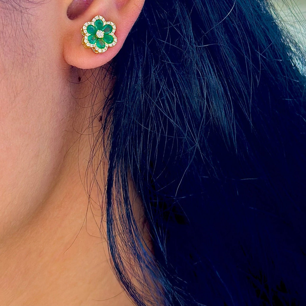 18kT Yellow Gold Flower Style Earrings , with 1.29ct Emeralds & 0.31ct Diamonds. COLER017 ZLJ (etsy image id: 6129784953)