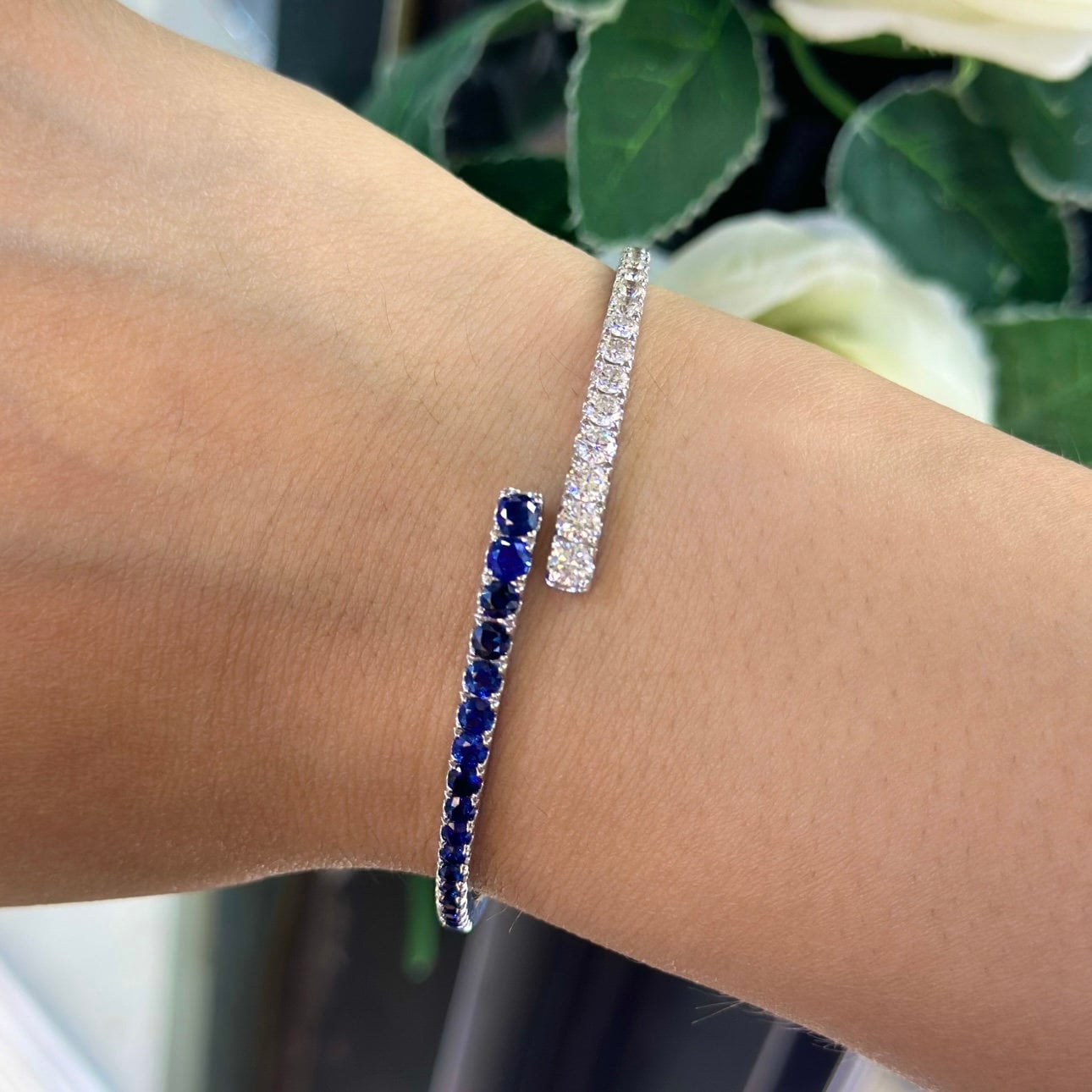 14Kt White Gold Diamond Sapphire Bracelet Bangle with 1.44ct rd Diamonds & 1.85ct. rd Sapphires . G-H color,GTJJ. (etsy image id: 6130901423)