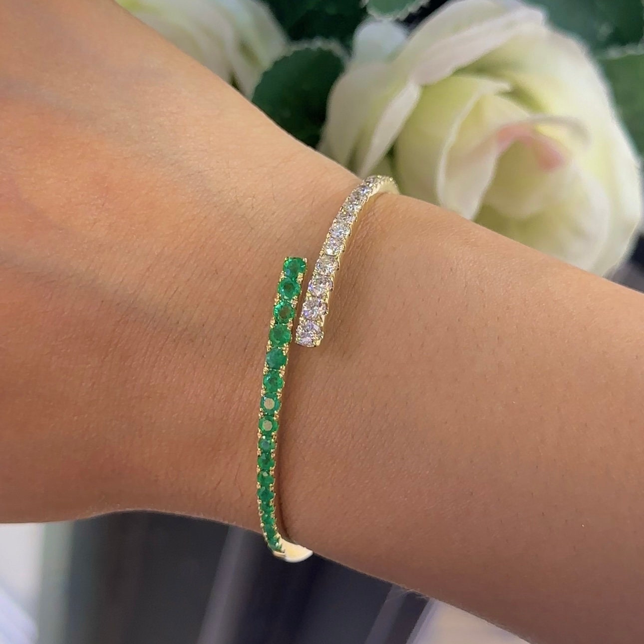 14Kt Yellow Gold Diamond Emerald Bangel bracelet with 1.46ct in Emeralds and 1.48ct rd diamonds .G-H color, VS2 .  GAZT (etsy image id: 6130910651)