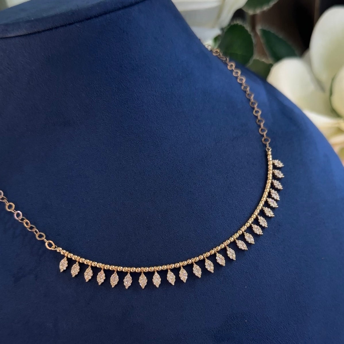 Rose Gold Chain with Beaded Smile Shape Bar with Marquise Shape Diamond Charms (etsy image id: 6160044437)