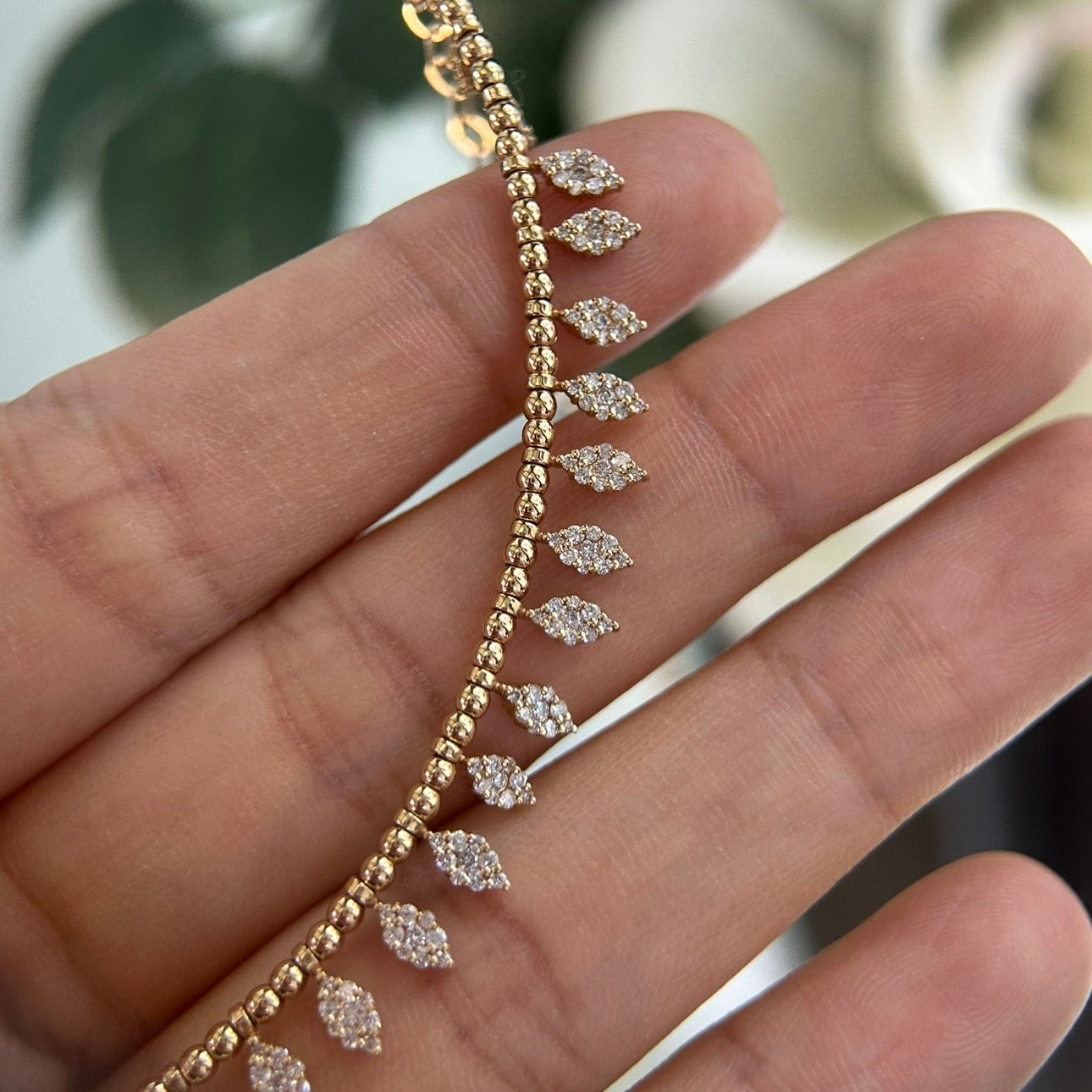 Rose Gold Chain with Beaded Smile Shape Bar with Marquise Shape Diamond Charms (etsy image id: 6160044441)