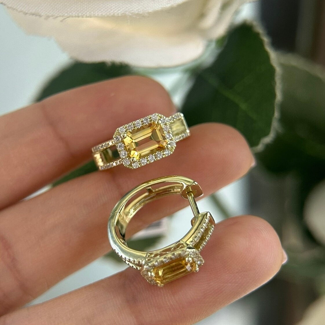 Yellow Gold Huggie Hoop Citrine and Diamond Earrings (etsy image id: 6160967595)