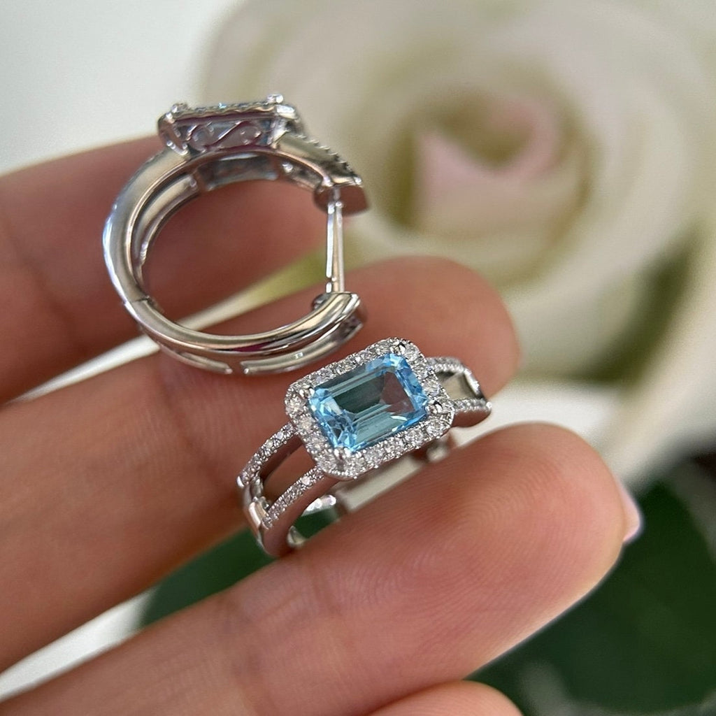 White Gold Blue Topaz and Diamond Huggie Hoop Earring (etsy image id: 6160978907)