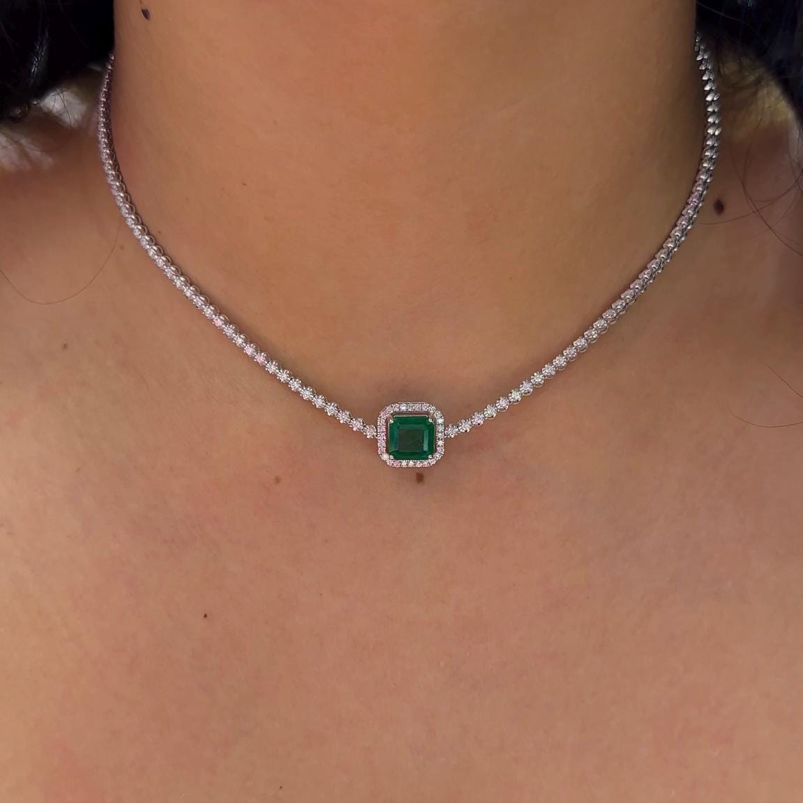 White Gold Three Quarter Diamond Tennis Necklace with Cushion Cut Emerald in a Halo Setting (etsy image id: 6681308794)