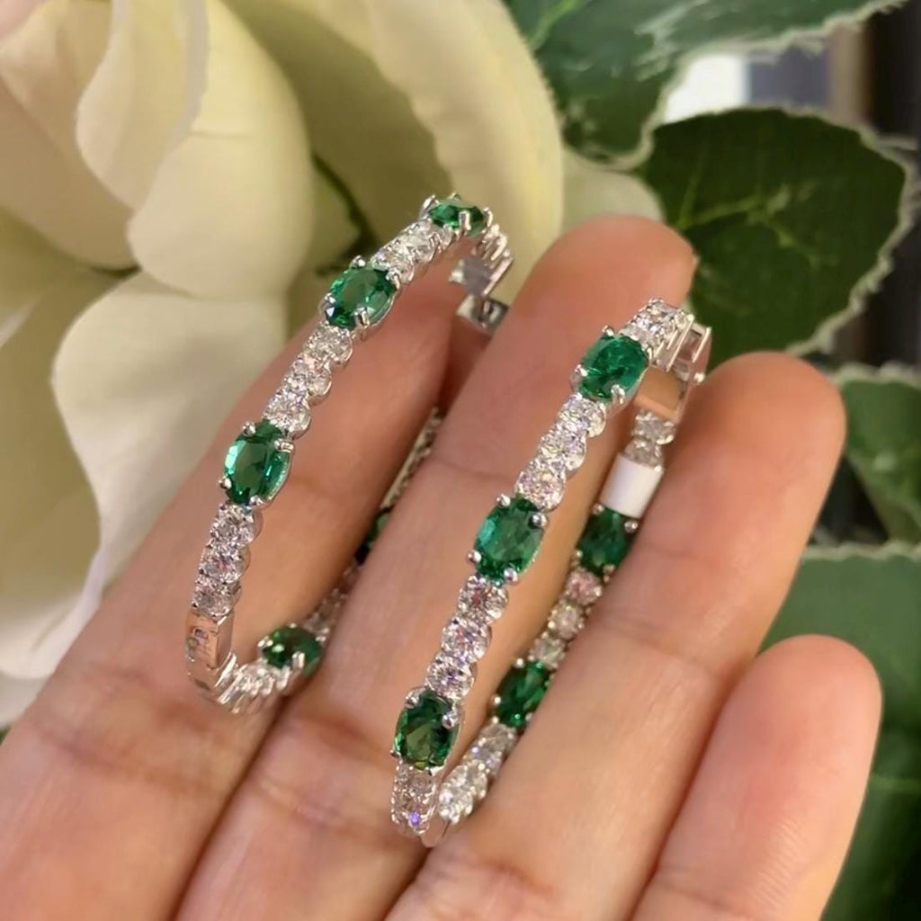 Large 14k White Gold Hoop Earrings with Oval Lab Emeralds and Round Lab Diamonds (etsy image id: 6686700934)