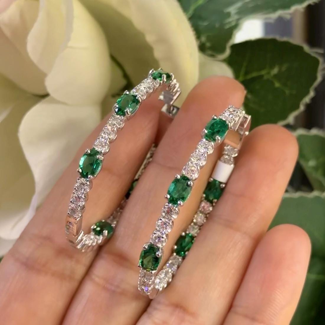 Large 14k White Gold Hoop Earrings with Oval Lab Emeralds and Round Lab Diamonds (etsy image id: 6686700934)