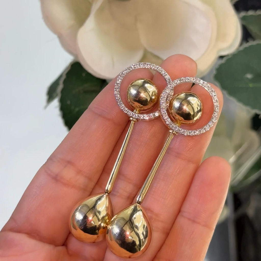 Yellow Gold Elongated Drop Ball Earrings with Natural Diamonds. (etsy image id: 6686705246)