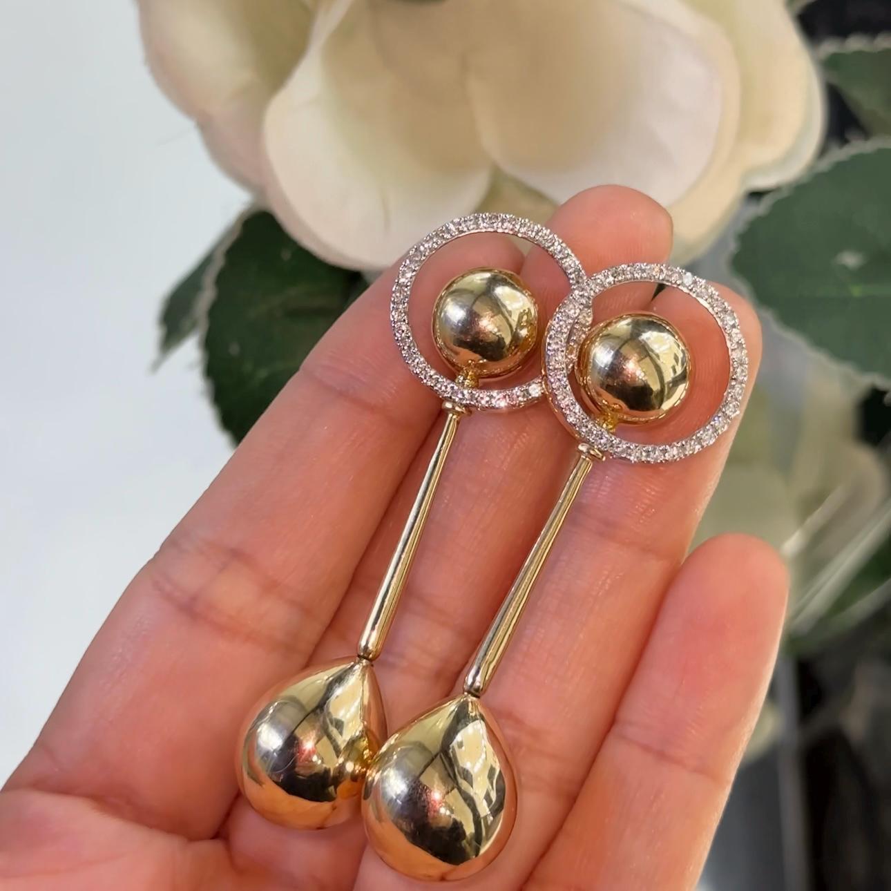 Yellow Gold Elongated Drop Ball Earrings with Natural Diamonds. (etsy image id: 6686705246)