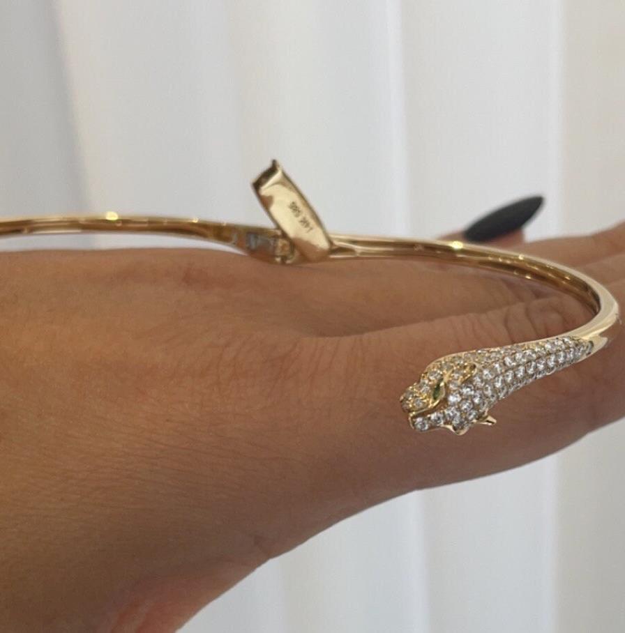Yellow Gold Diamond and Emerald Bypass Bangle (etsy image id: 6722633756)