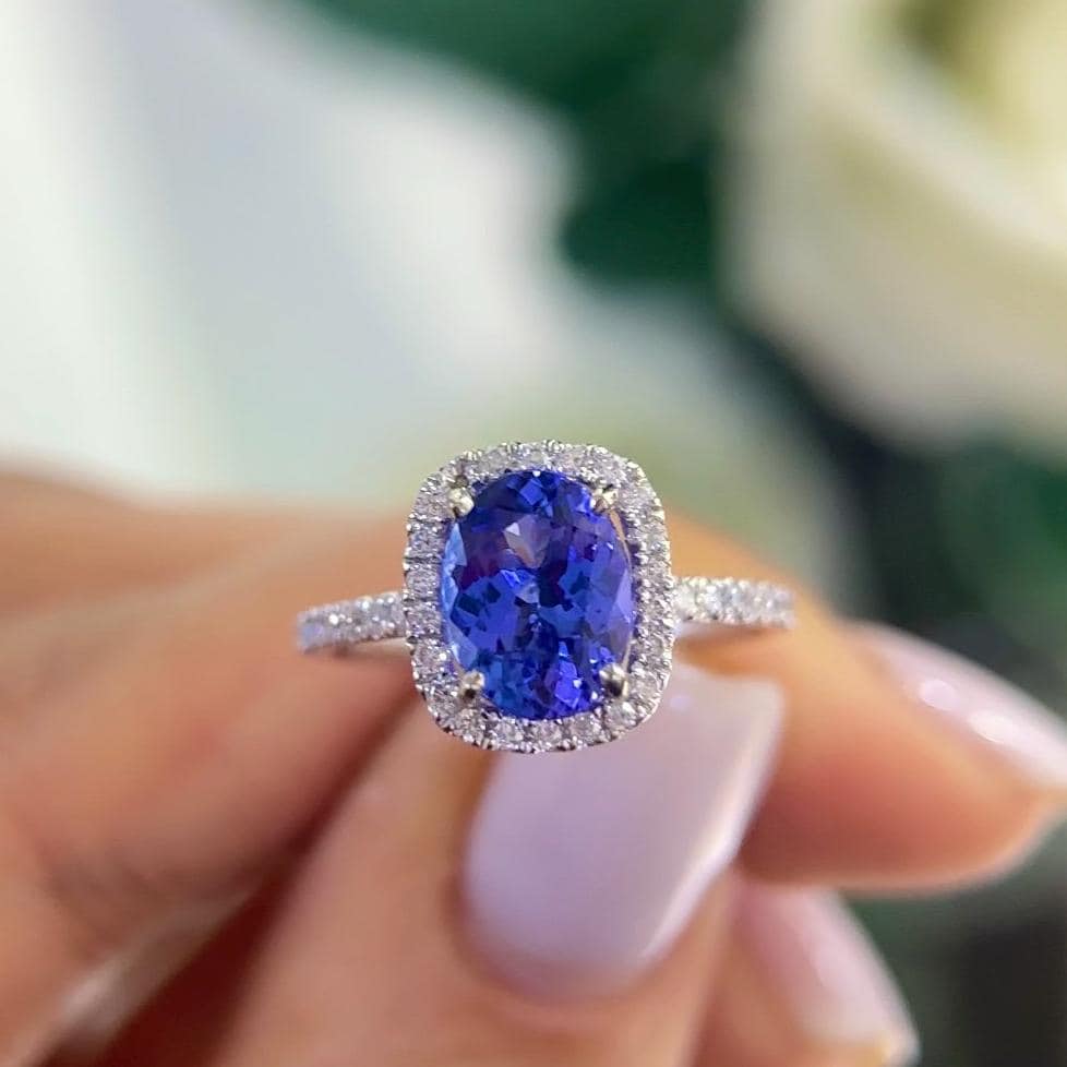 White Gold Diamond Tanzanite Ring in Halo Setting with Half Circle Diamonds of The Band (etsy image id: 6728283042)