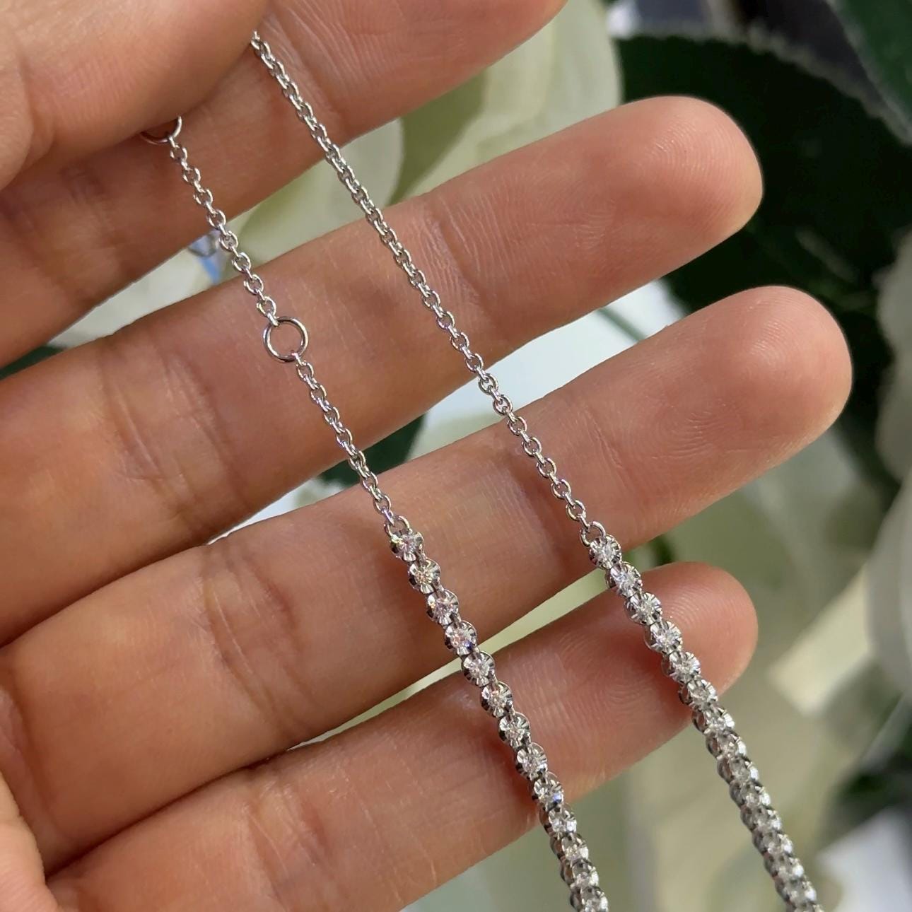 White Gold Three Quarter Diamond Tennis Necklace with Cushion Cut Emerald in a Halo Setting (etsy image id: 6729343349)