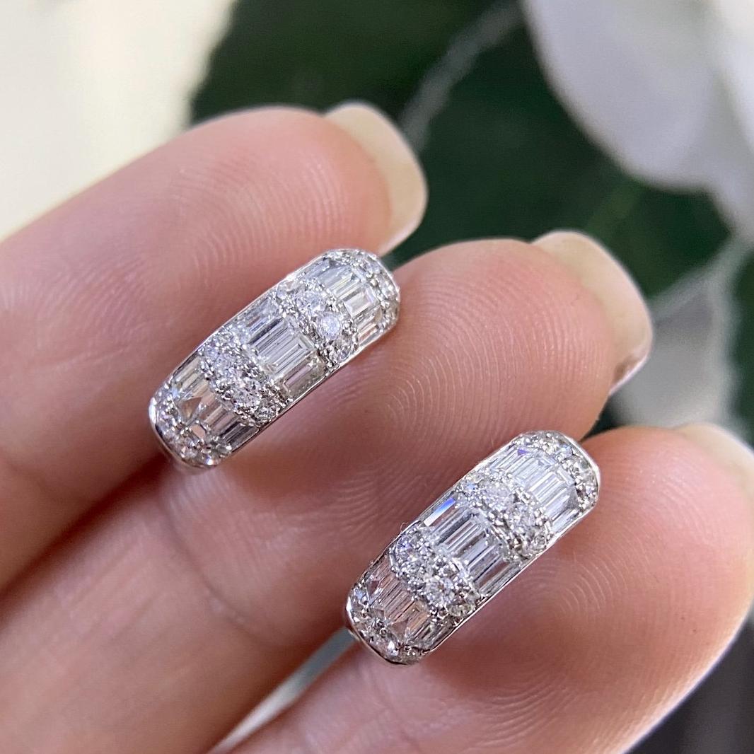 White Gold Small Huggie Hoop Earrings with Baguette and Round Cut Diamonds (etsy image id: 6741027440)