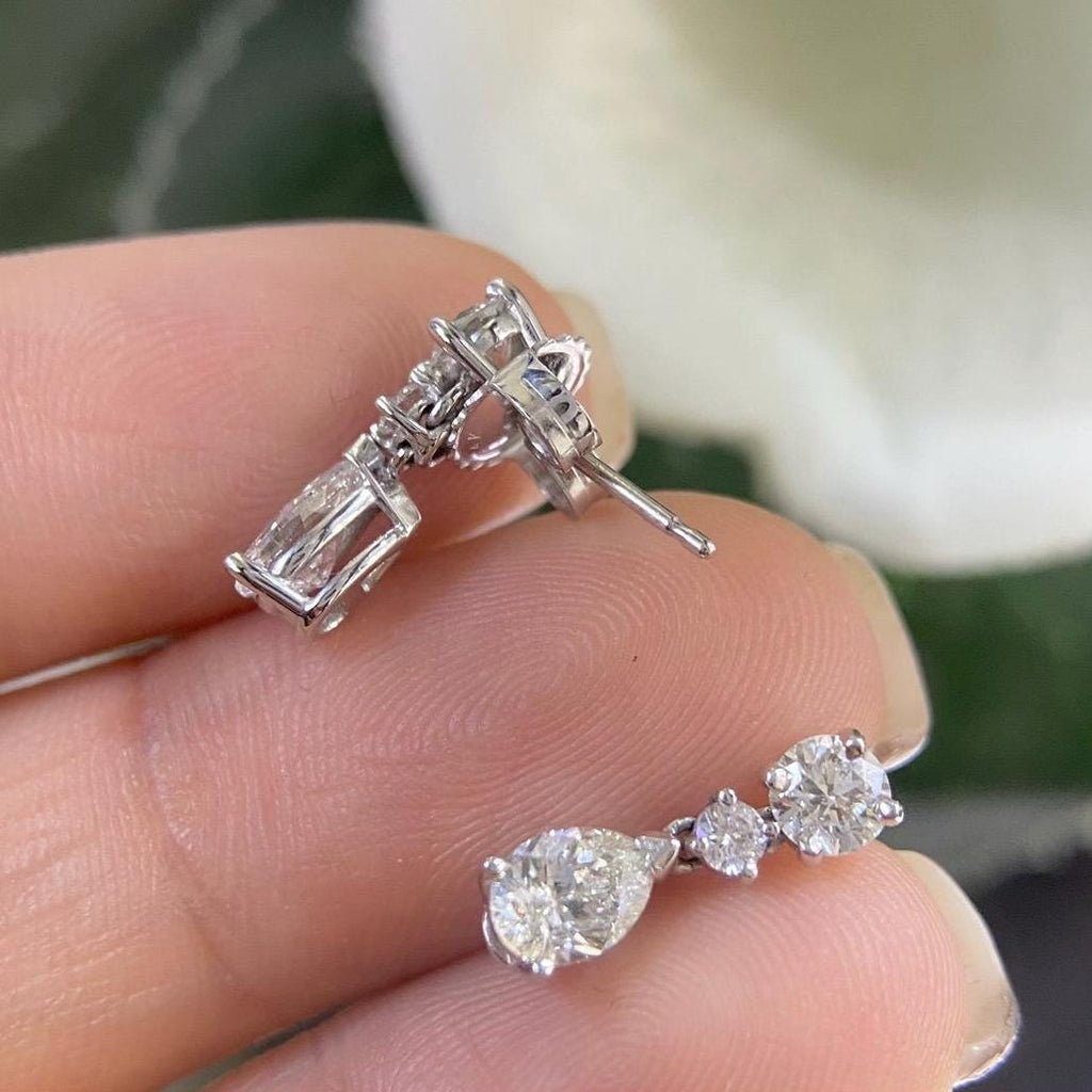 White Gold Diamond Drop Earrings with Natural Round and Pear Shape Cut Diamonds (etsy image id: 6758040364)