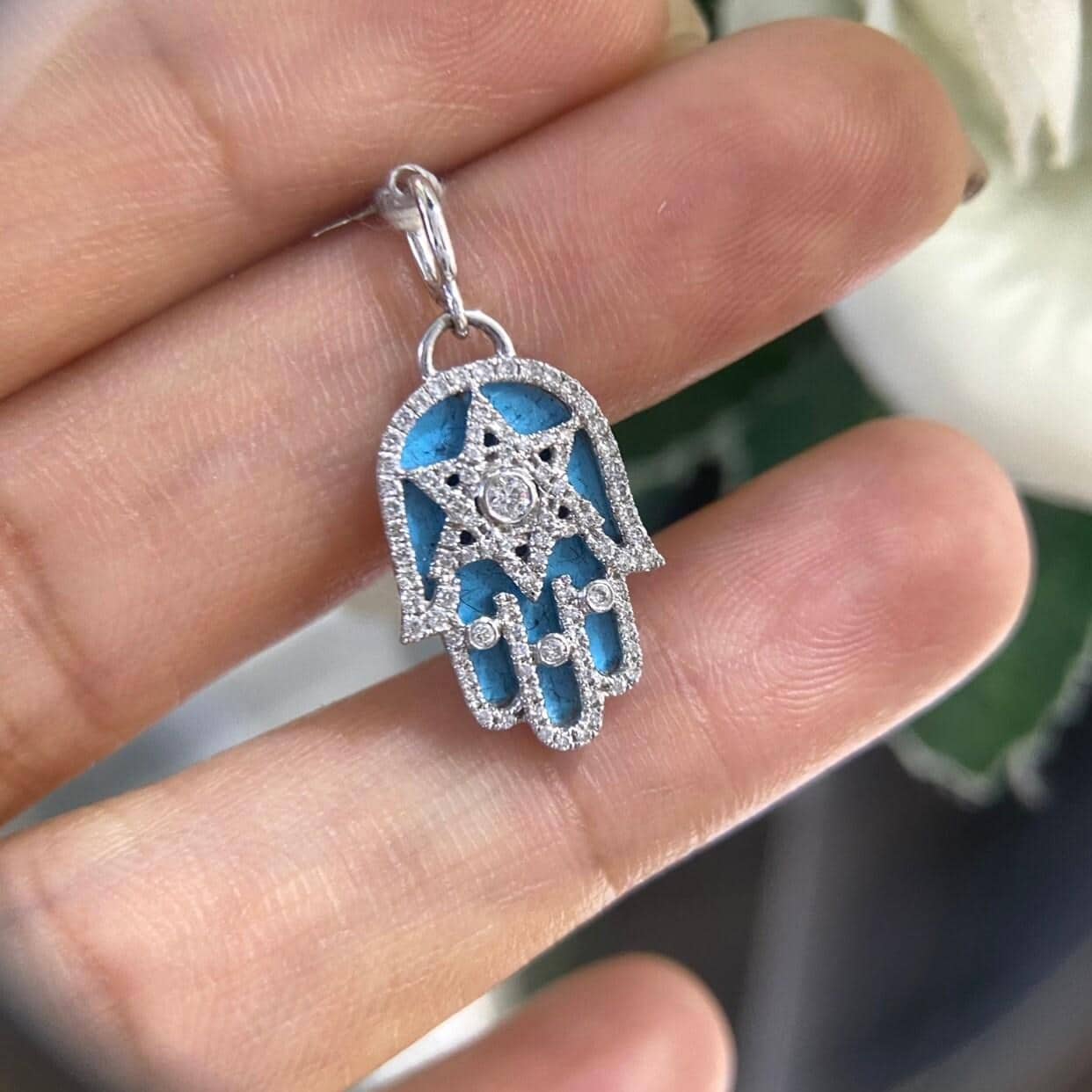 White Gold Hamsa Pendant with Enamel Back Round and Star of David Center. (etsy image id: 6765388778)