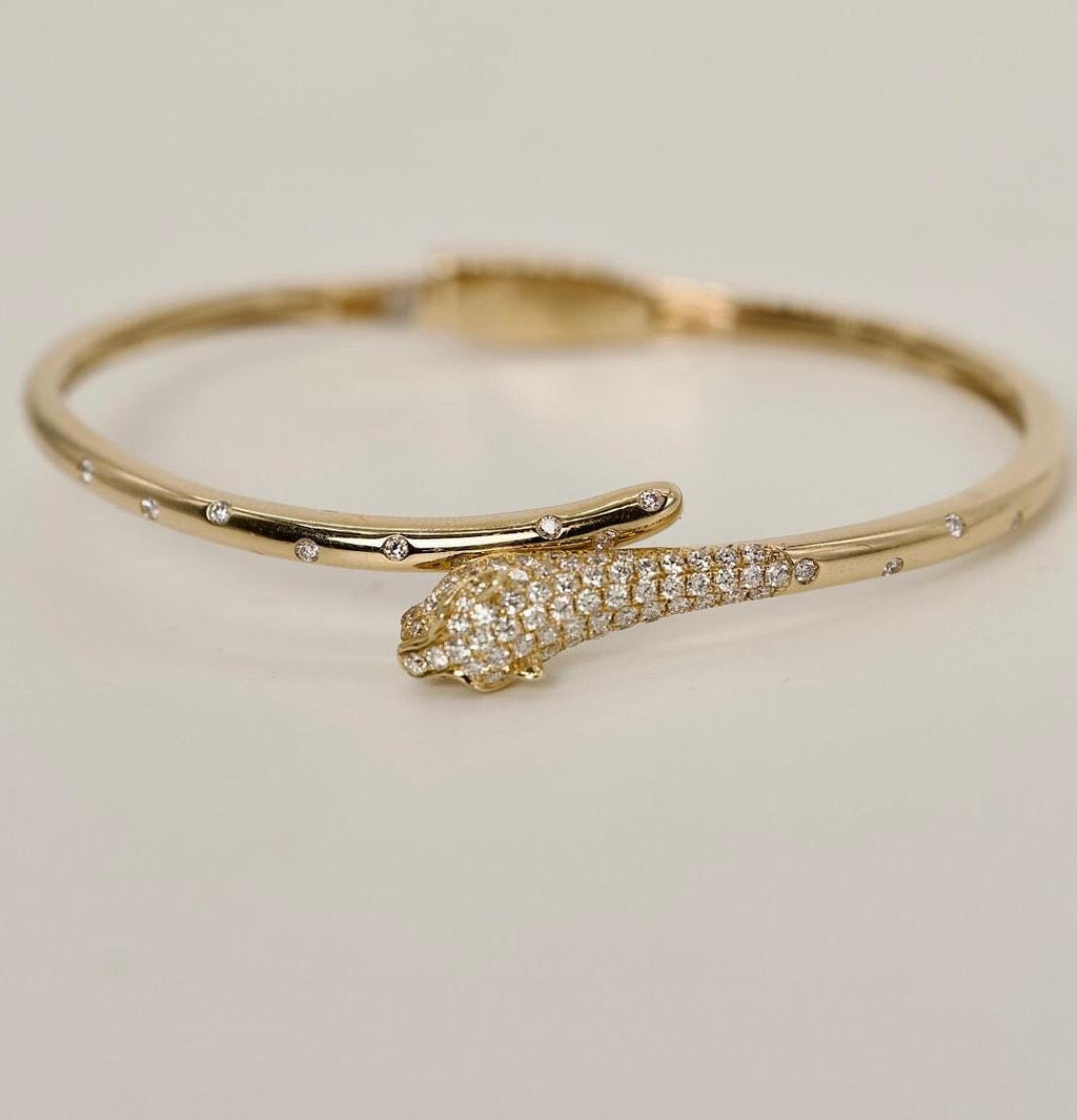 Yellow Gold Diamond and Emerald Bypass Bangle (etsy image id: 6770663789)