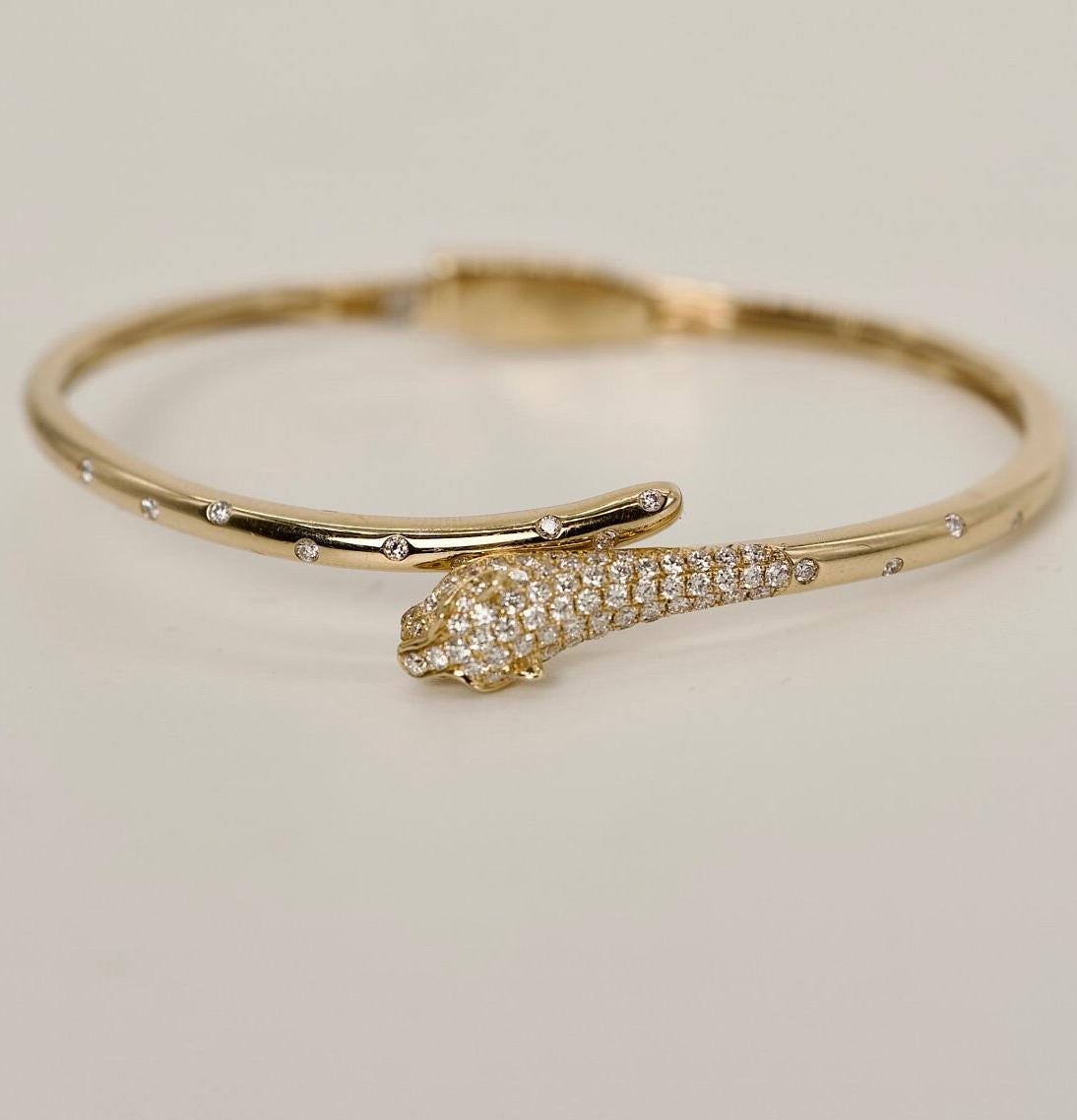 Yellow Gold Diamond and Emerald Bypass Bangle (etsy image id: 6770663789)