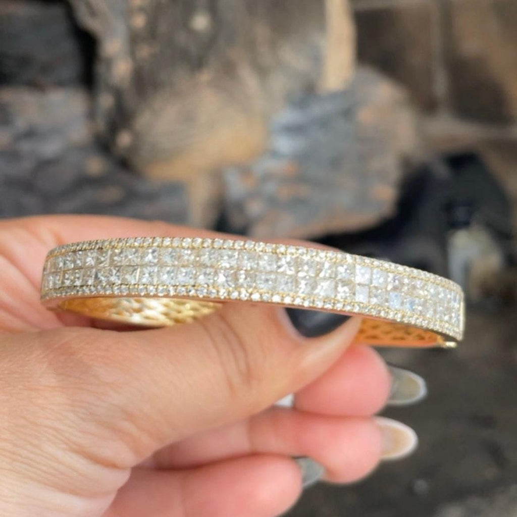 Yellow Gold Bangle with Princess and Round Cut Diamonds set in an Invisible Setting (etsy image id: 6770739095)