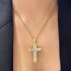 Woman wearing yellow gold chain with a yellow gold diamond cross (etsy image id: 6776598345)