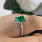 White Gold Compressed Green Emerald Ring Set in Prong Setting with Diamonds on Band (etsy image id: 6778967859)