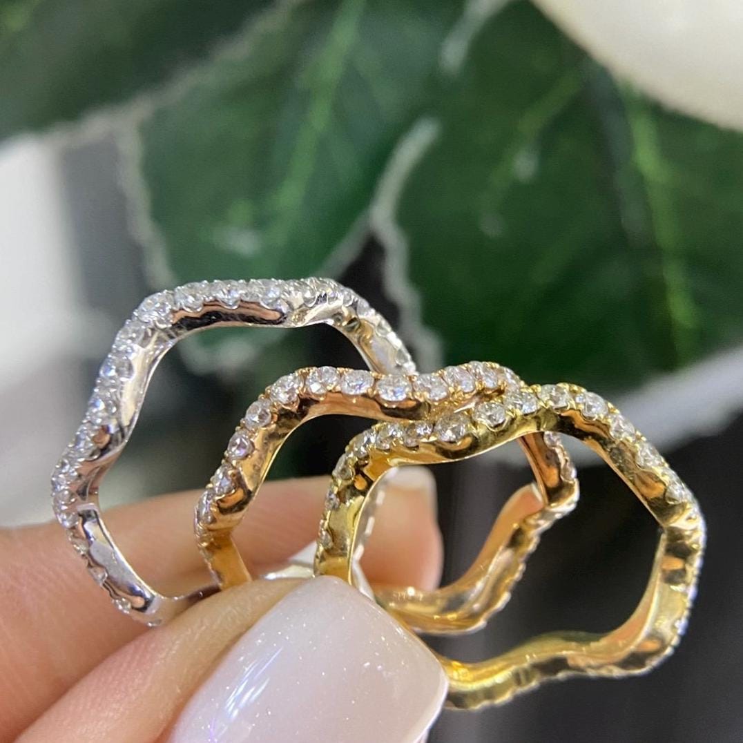 Three Row Curve Rings in Yellow, Rose and White Gold Full Circle Diamond Stacking Rings (etsy image id: 6779018515)