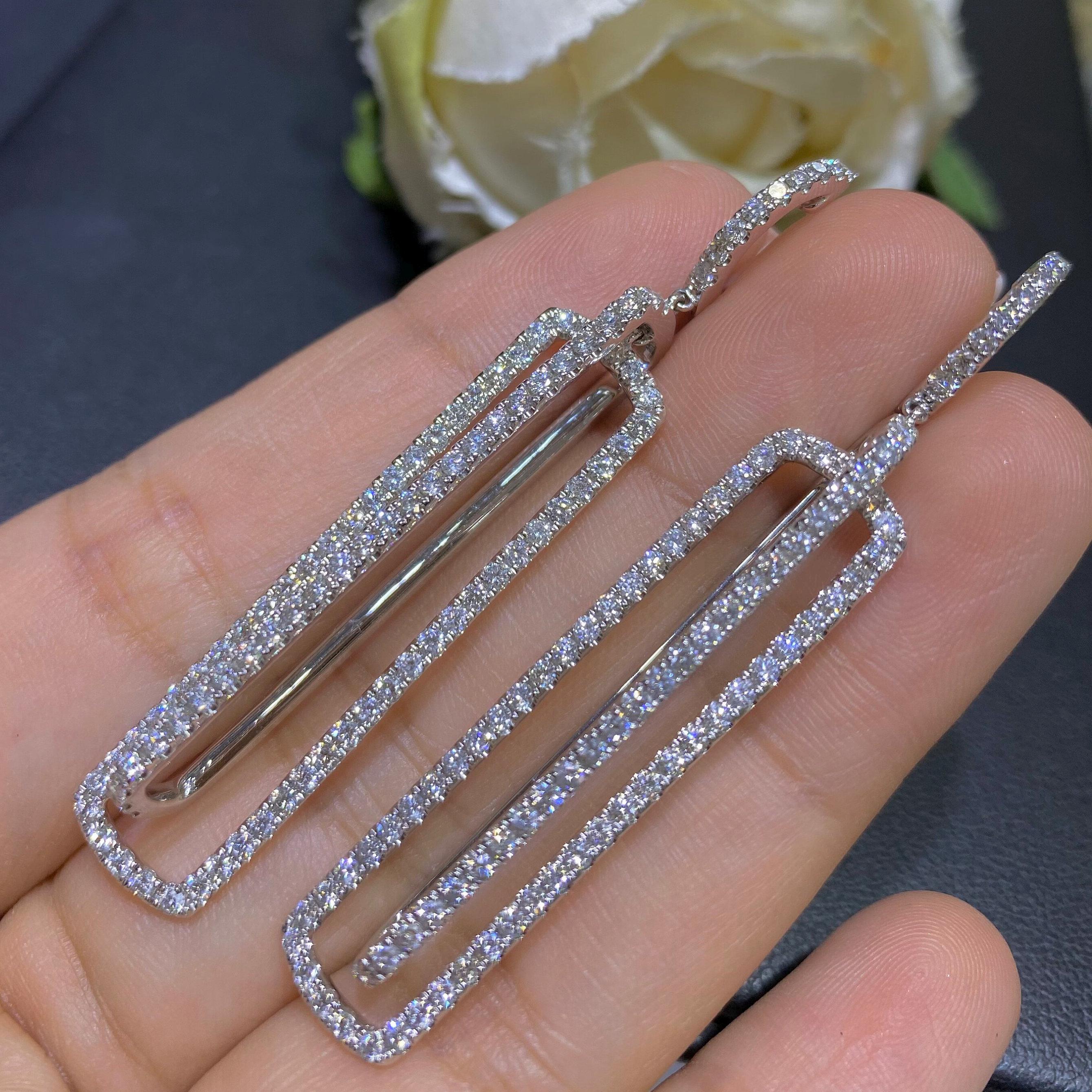 White Gold Art Deco Style Elongated Double Rectangle Shape Diamond Drop Earrings (etsy image id: 6788742341)