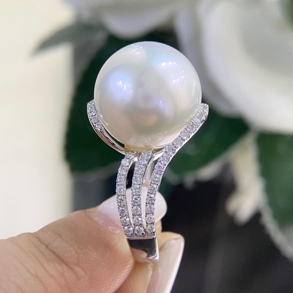 White Gold Diamond Ring Featuring a Large Natural Pearl (etsy image id: 6789525345)