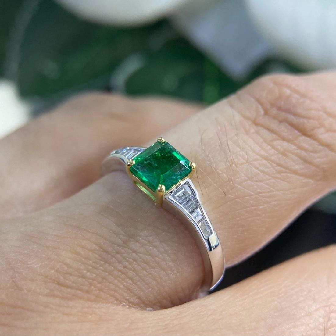 White Gold Ring with Asscher Cut Emerald and Graduated Baguette Diamonds (etsy image id: 6794160027)
