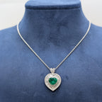 White Gold Necklace with heart shaped pendant with round and baguette cut diamonds and heart shape cut green emerald (etsy image id: 6850464256)