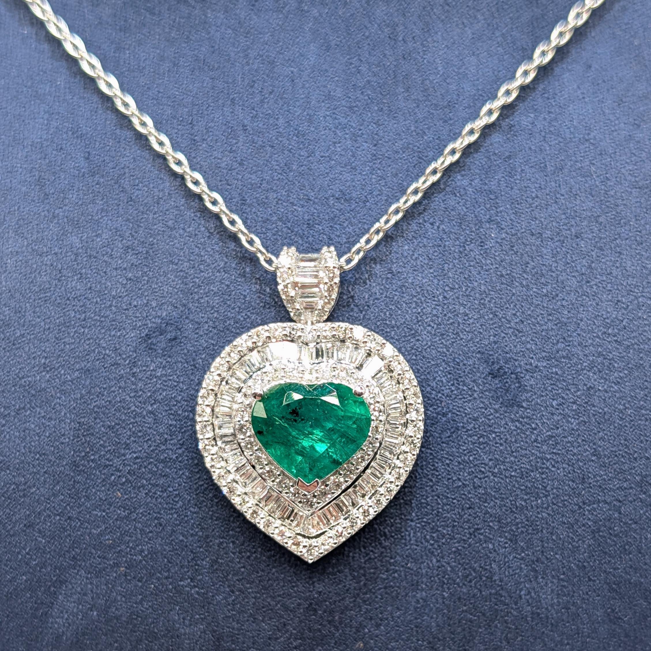 White Gold Necklace with Heart Shape Pendant with Round & Baguette Diamonds and Heart Shape Green Emerald (etsy image id: 6850466702)