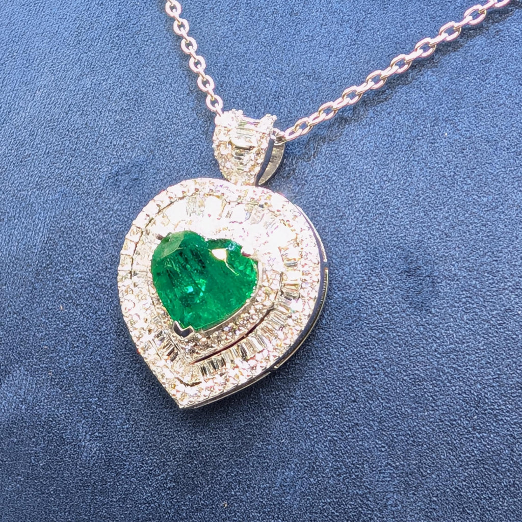 White Gold Necklace with Heart Shape Pendant with Round & Baguette Diamonds and Heart Shape Green Emerald (etsy image id: 6850469372)
