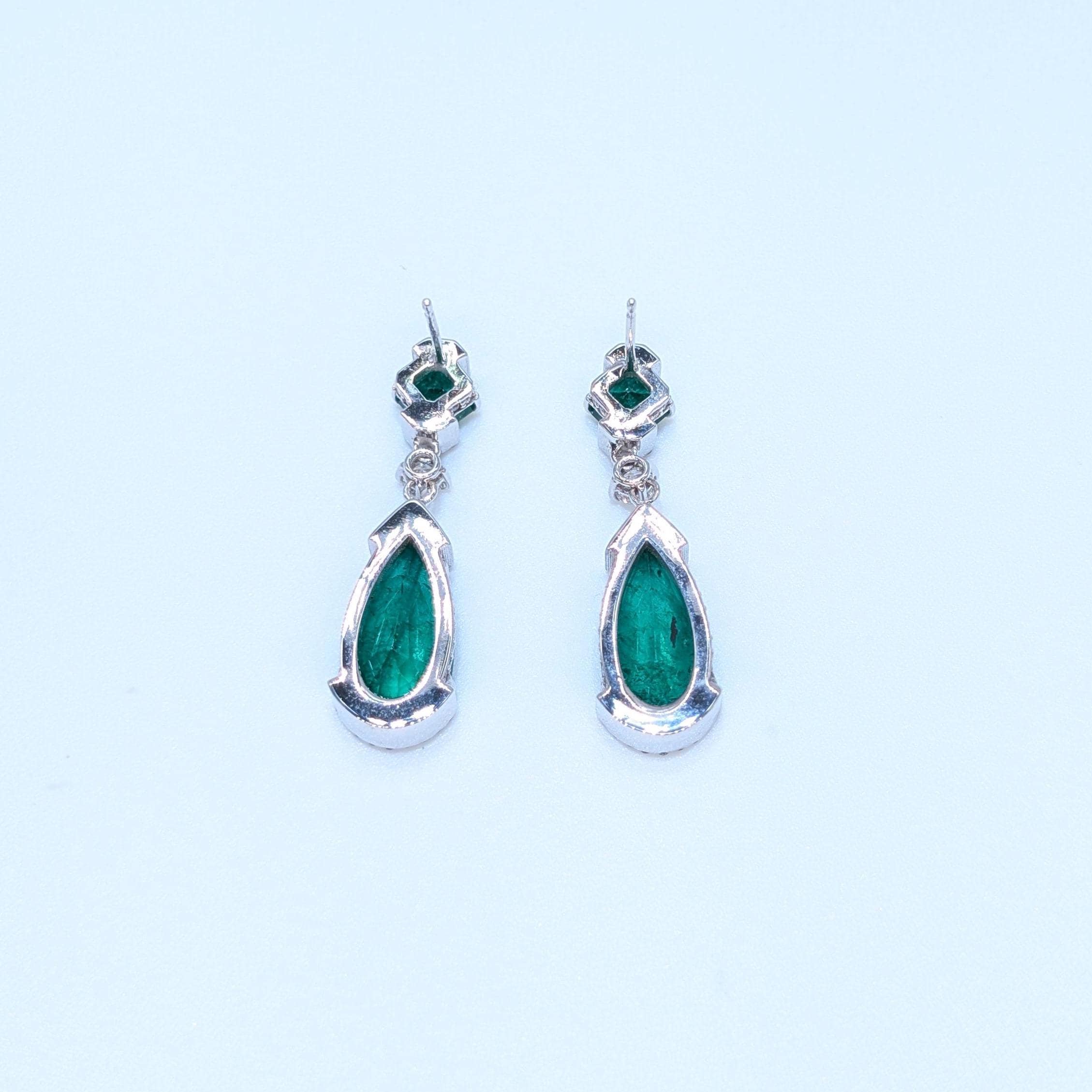 All Natural Pear and Radiant Cut Emeralds and Diamonds 14K White Gold Dangling Earrings (etsy image id: 6864195156)