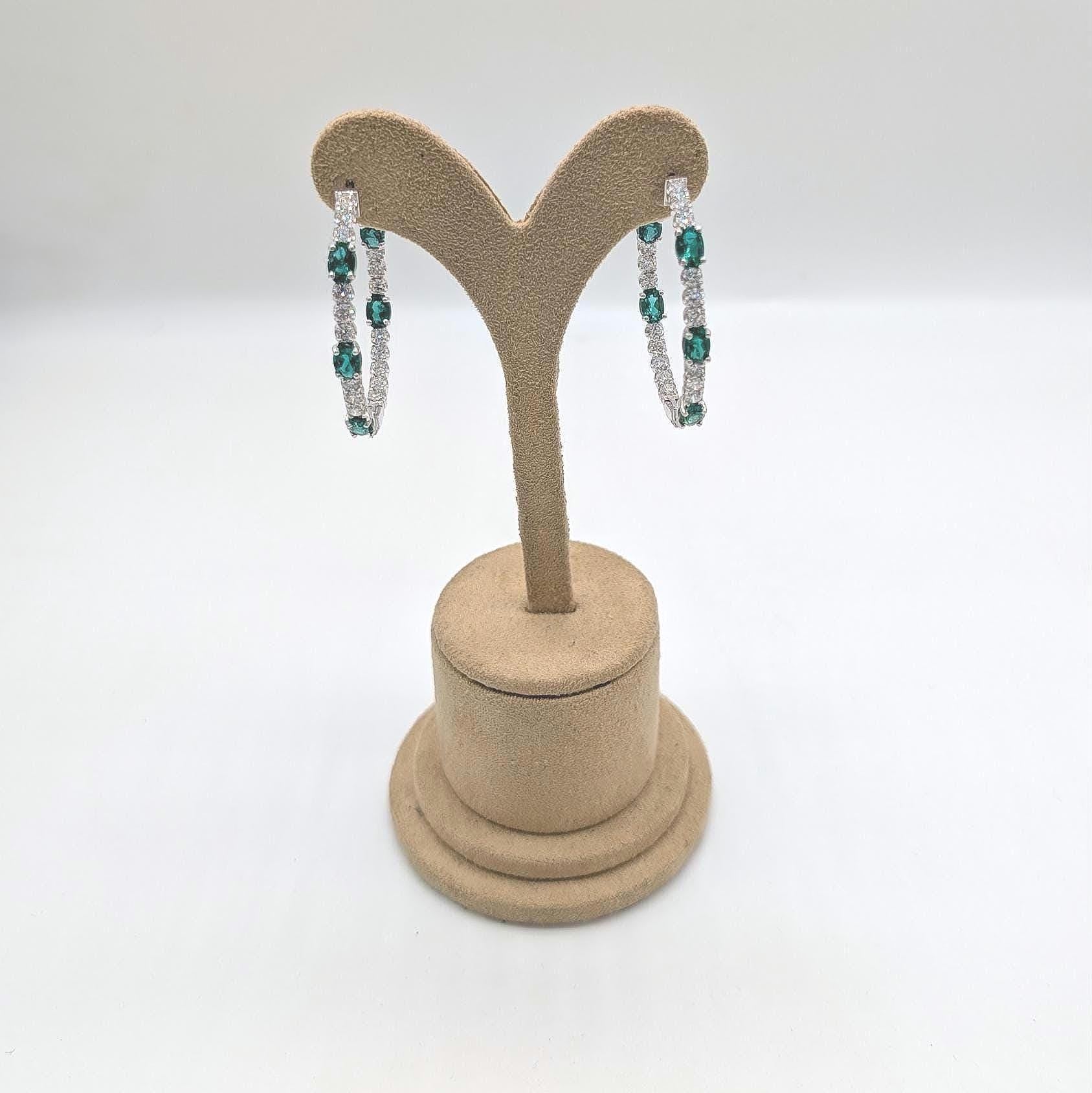 Large 14k White Gold Hoop Earrings with Oval Lab Emeralds and Round Lab Diamonds (etsy image id: 6866593836)